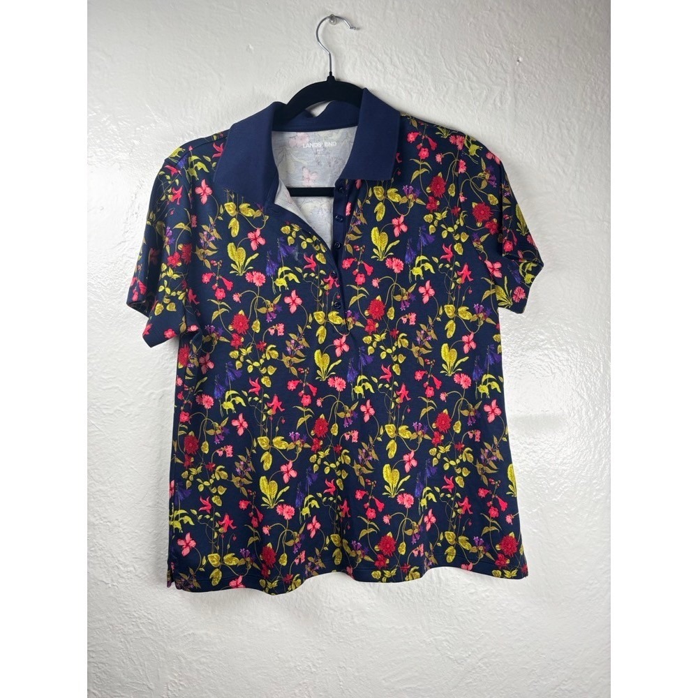 Lands End Womens Polo Shirt Sz MP Navy Floral Golf Athleisure Pickleball Sporty
